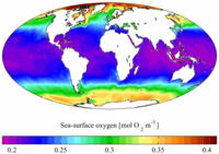 Annual mean sea surface dissolved oxygen for the World Ocean. Note more oxygen in cold water near the poles. 