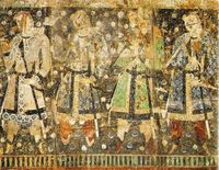 Sassanid influence didn't remain confined to its borders. In this depiction from Qizil, Tarim Basin China, The "Tocharian donors", are dressed in Sassanid style.