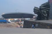 Katowice, Silesian Insurgents Monument on the right and The Spodek in the background.