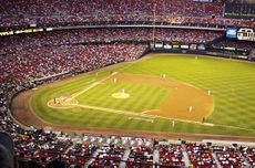 A view of the playing field at Busch Stadium II St. Louis, Missouri.