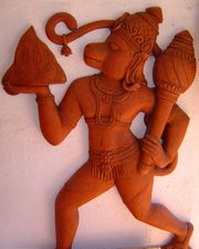 Sculpture of Hanuman carrying the Dronagiri mountain, sculpted in Terra cotta