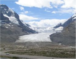 The Athabasca Glacier in the Columbia Icefield of the Canadian Rockies, has retreated 1,500 m in the last century.  Also recent animation. 