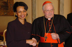 Cardinal Angelo Sodano, Dean of the College of Cardinals, pictured with Condoleezza Rice, United States Secretary of State, when he was Cardinal Secretary of State.