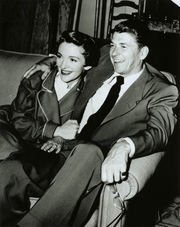 Ronald Reagan visiting Nancy Reagan on the set of her movie Donovan's Brain, 1953.