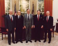 (Left to right:) Presidents Gerald Ford, Richard Nixon, George H. W. Bush, Ronald Reagan, and Jimmy Carter at the dedication of the Reagan Presidential Library.