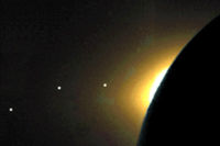 The ecliptic viewed in sunlight from behind the Moon in this Clementine image. From left to right: Mercury, Mars, Saturn