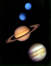 From top to bottom: Neptune, Uranus, Saturn, and Jupiter (sizes not to scale).