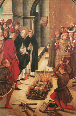 An image frequently misinterpreted as the Spanish Inquisition burning books they did not approve of.  This is actually Pedro Berruguete's La Prueba del Fuego (1400's).  It depicts a legend of St Dominic disputing with the Cathars: they both consign their own writings into the flames, and while the Cathars text burned, St Dominic's miraculously leapt from the flames.