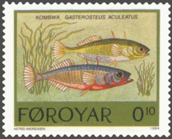 Fishes in the Faroe Islands:Stickleback (Gasterosteus aculeatus)Faroese stamp issued: 7 Feb 1994Artist: Astrid Andreasen