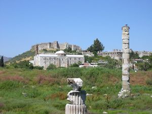 The site of the Temple of Artemis at Ephesus in Turkey: Some stacked remnants recreate columns, but nothing remains of the original temple. Currently, a stork nests on the top of the column.