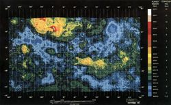 Map of Venus, showing the elevated 'continents' in yellow: Ishtar Terra at the top and Aphrodite Terra just below the equator to the right