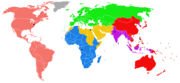 Regional offices and regions of the WHO: ██ Africa; HQ: Brazzaville, Congo ██ Americas; HQ: Washington, DC, USA ██ Eastern Med.; HQ: Cairo, Egypt ██ Europe; HQ: Copenhagen, Denmark ██ South East Asia; HQ: New Delhi, India ██ Western Pacific; HQ: Manila, Philippines 