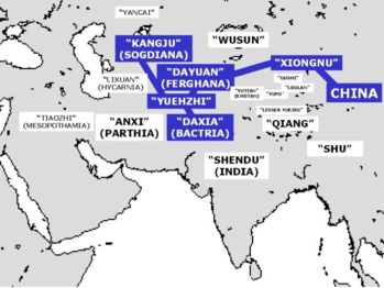 Countries described in Zhang Qian's report. Visited countries are highlighted in blue.