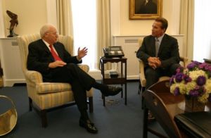 Vice President Dick Cheney meets with Gov. Arnold Schwarzenegger for the first time at the White House.