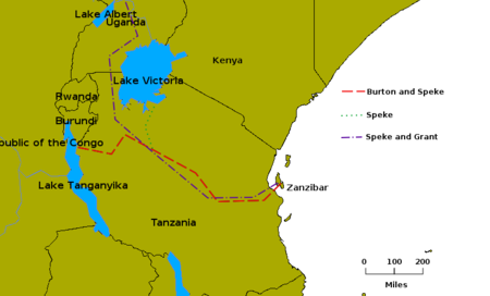 Routes taken by the expeditions of Burton and Speke (1857-1858) and Speke and Grant (1863).