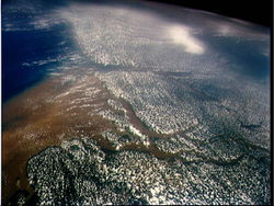 A satellite image of the mouth of the Amazon River, looking south