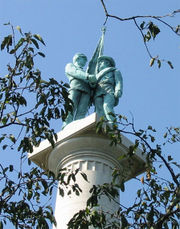 The Peace Monument at Lookout Mountain, Tennessee depicts a Union and Confederate soldier shaking hands.