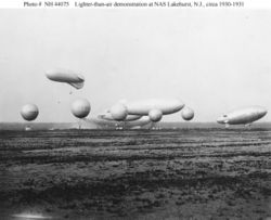 Several different kinds of US Navy airships and balloons, circa 1930