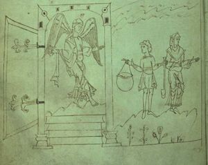 In this illustration from page 46 of the Caedmon (or Junius) manuscript, an angel is shown guarding the gates of paradise.