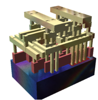 Rendering of a small standard cell with three metal layers (dielectric has been removed).  The sand-colored structures are metal interconnect, with the vertical pillars being contacts, typically plugs of tungsten.  The reddish structures are polysilicon gates, and the solid at the bottom is the crystalline silicon bulk.