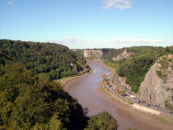 Looking north from the bridge, with Leigh Woods on the left and the A4 road on the right.