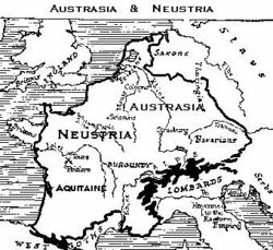 From the former Gothic Kingdoms of Hispania and Septimania, lower left, Muslim armies advanced deep into Aquitaine and Burgundy.  Note the location of Tours south of the Loire river.