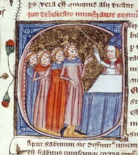 Monks, disfigured by the plague, being blessed by a priest. England, 1360–75.