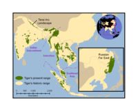 Historical distribution of tigers (pale yellow) and 2006 (green).