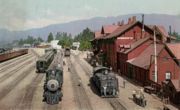 The station and yards at San Bernardino in 1915.  A year later, the station seen here was destroyed by fire.