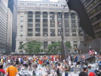 A Critical Mass gathering on the Daley Plaza, with the Chicago City Hall in the background