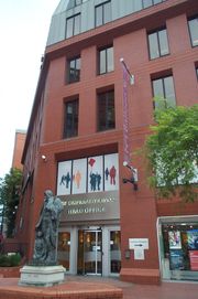 The Co-operative Bank's head office, 1 Balloon Street, Manchester.  The statue in front is of Robert Owen, a pioneer in the Co-operative movement.