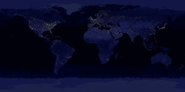 The Earth at night, a composite of satellite photographs showing human made illumination on the Earth's surface. Taken between October 1994 and March 1995.