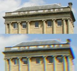 Top - Corner detail from a photograph taken with a good quality lens. Bottom - Detail from a similar photograph taken with a wide angle lens showing visible chromatic aberration (especially at the dark edges on the right).