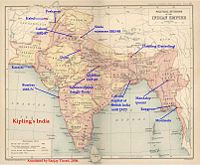 Kipling's India: map of British India with locations and years of Kipling's stays.  Click to enlarge.