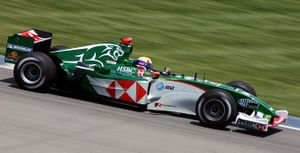 The 2004 Jaguar car, being driven by Mark Webber.