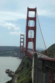 The Golden Gate Bridge, a suspension bridge, connects the city of San Francisco with the south-facing Marin County. The bridge carries 6 lanes of traffic, pedestrians, and bicycles.