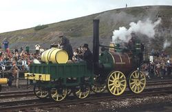 A replica of Sans Pareil at a 1980 restaging of the Rainhill Trials.