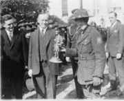 U.S. President Calvin Coolidge greets 1500 visiting boy scouts from N.Y., N.J., & Conn. The boy scouts were making an annual pilgrimage to the Capitol and were being greeted at the White House. Photo 1927