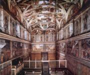 The interior of the Sistine Chapel, looking from the Altar towards the main entrance, showing how Michelangelo's ceiling was part of a total scheme.