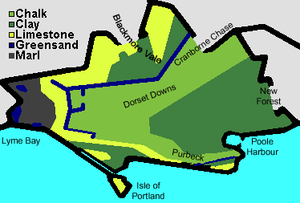 Weymouth lies on weak sand and clay rock (dark green)