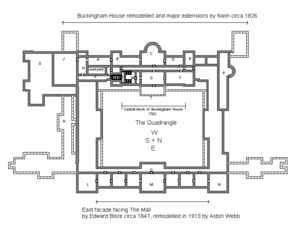 Piano nobile of Buckingham Palace. A: State Dining Room; B:Blue Drawing Room; C:Music Room; D:White Drawing Room; E:Royal Closet; F:Throne Room; G:Green drawing Room; H:Cross Gallery; J:Ball Room; K:East Gallery; L:Yellow Drawing Room; M:Centre/Balcony Room; N:Chinese Luncheon Room; O:Principal Corridor; P:Private Apartments; Q:Service Areas; W:The Grand staircase. On the ground floor: R:Ambassador's Entrance; T: Grand Entrance. The areas defined by shaded walls represent lower minor wings. Note: This is an unscaled sketch plan for reference only. Proportions of some rooms may slightly differ in reality.