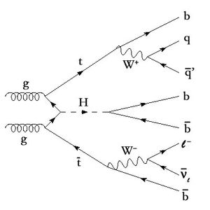 A schematic, called a Feynman diagram, of two virtual gluons from colliding LHC protons interacting to produce a hypothetical Higgs boson, a top quark, and an antitop quark.  These in turn decay into a specific combination of quarks and leptons that is very difficult to fake in other processes.  Collecting sufficient evidence of signals like this one may eventually allow ATLAS collaboration members to discover the Higgs boson.