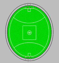 The playing field, which may be 135-185m long and 110-155m wide. The centre square is 50x50.  The curved fifty metre line is 50m away from the goal line. Adjacent goal posts are 6.4 metres apart.