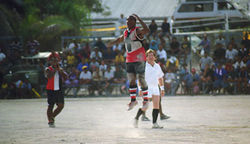 Action from an Aussie Rules game in Nauru at the Linkbelt Oval