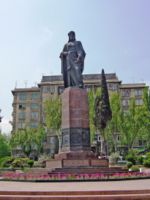 Statue of Nezami Ganjavi, a 12th century writer and philosopher, in Baku, Azerbaijan. Nezami is a major literary figure to both Azeris and Persians.