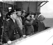 Senior military officials aboard the USS Augusta during the Normandy Invasion, June 1944. General Omar N. Bradley is the second man from the left.