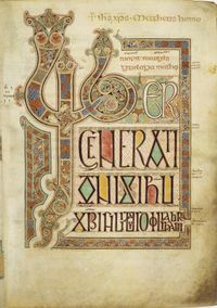 Folio 27r from the Lindisfarne Gospels contains the incipit Liber generationis  from the Gospel of Matthew. Compare this page with the corresponding page from the Book of Kells (see here), especially the form of the "Lib" monogram.