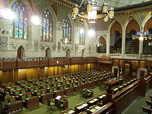 Seats in the House of Commons Chamber are coloured green. This colour scheme derives from that used by the British House of Commons.