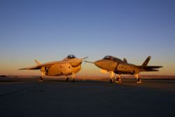 Boeing X-32 (left) and Lockheed Martin X-35 prior to down-select in 2001, where the X-35 was chosen. DoD photo