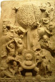 An aniconic representation of Mara's assault on the Buddha, 2nd century CE, Amaravati, India.